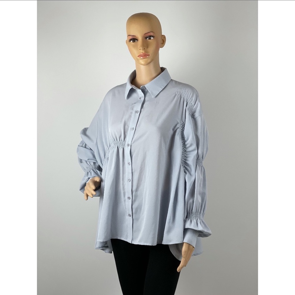 Ruffle Long Sleeve Asymmetrical Oversized Button-up Blouse